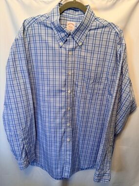 Brooks Brothers Men's Large Non Iron Lightweight Blue White Plaid Button Shirt
